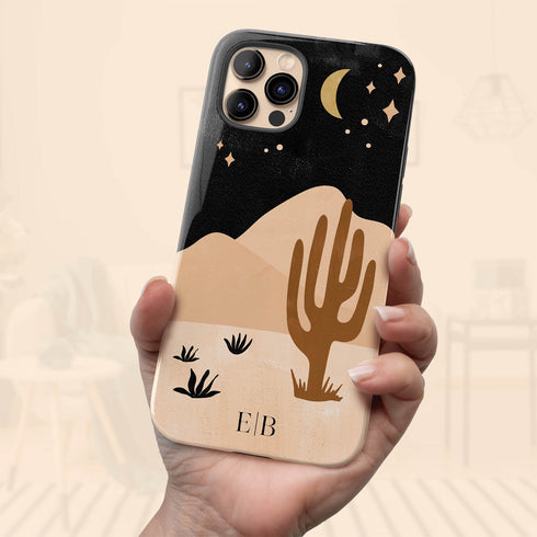 Cactus in Desert Night Landscape Custom Initials iPhone Case